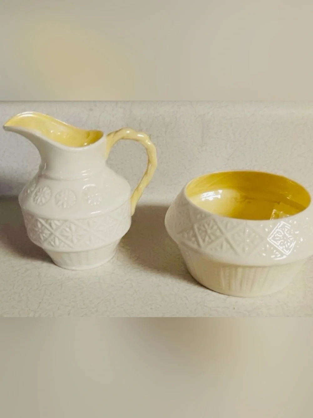 Vintage Belleek Ireland Creamer & Sugar Set | Embossed Basketweave Creamware